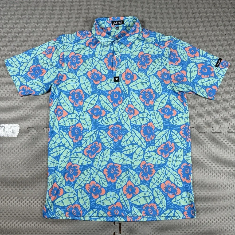 Bad Birdie Men's Polo Shirt Large Multicolor Floral Short Sleeve Golf Stretch